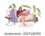 Mother and child reading book together, sitting on sofa at home. Mom and girl kid relax on couch with fairytale. Parent and daughter at leisure. Flat vector illustration isolated on white background