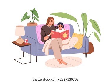 Mother and child reading book together, sitting on sofa at home. Mom and girl kid relax on couch with fairytale. Parent and daughter at leisure. Flat vector illustration isolated on white background