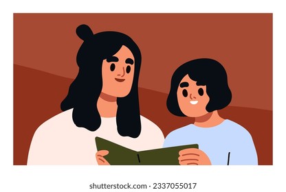 Mother and child reading book together. Happy smiling mom and girl kid with literature at leisure. Family, woman parent and daughter looking album, diary, notebook. Flat vector illustration