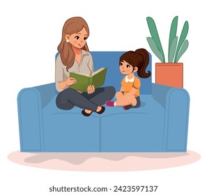 Madre e hijo leyendo el libro juntos, sentados en el sofá en casa. Mamá y niña se relajan en el sofá con cuento de hadas. Padre e hija de ocio. Ilustración vectorial plana aislada en fondo blanco