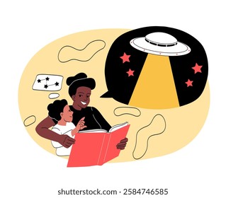 Mother and child reading a book together, imagining a UFO scene. Minimalist style on a light background. Concept of imagination and storytelling