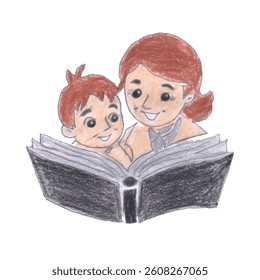 Mother and Child Reading a Book Together with Smiling Expressions  