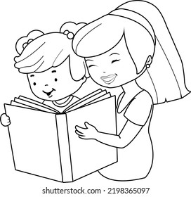 Madre e hijo leyendo un libro. Página de coloreado vectorial en blanco y negro.