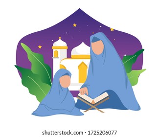 
Mother and child are reading the quran. Ramadhan holy month. Vector Illustration Eps.10