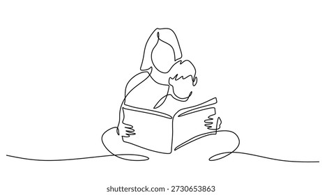 Madre e hijo leyendo juntos simple dibujo de una línea. Vinculación familiar y alegría de compartir una Ilustración vectorial de historia.
