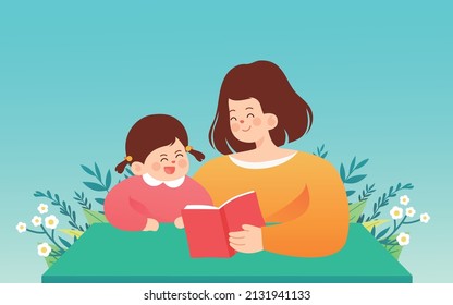 Mother And Child Reading, World Book Day, Parenting Education, Vector Illustration