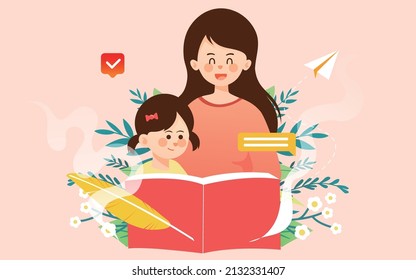 Mother And Child Reading, World Book Day, Parenting Education, Vector Illustration