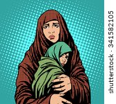 Mother and child refugees foreigners immigrants pop art retro style. Humanitarian and social issues. War and poverty