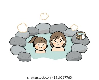 A mother and child relaxing in an open-air bath.