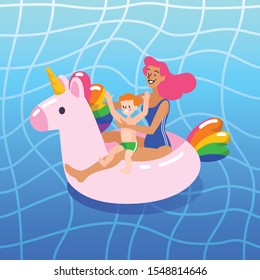 Mother and child relaxing in swimming pool together on unicorn inflatable circle. 