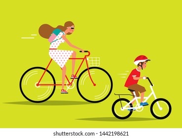 Mother and child riding bicycles. Vector illustration