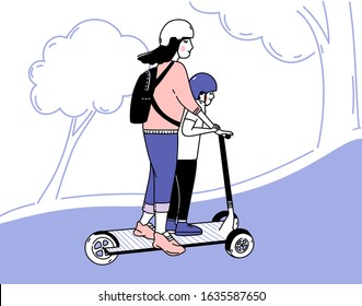 Mother and child riding kickscooter together. 3-wheeled electric scooter,  commute to school or kindergarten. Parent and kid sharing transport at park. Safety trip on mobile vehicle wearing helmet