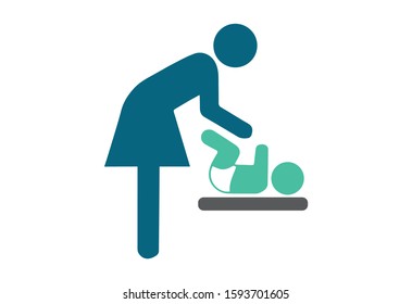 Mother and child room: mother swaddles newborn. Public sign. Mother's room sign. Mother swaddle baby icon. Toilet icon baby and parent, restroom design flat.