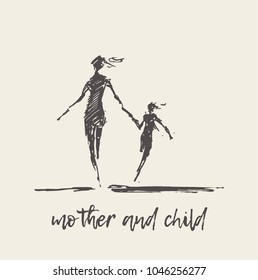 Mother and child running silhouette, hand drawn vector illustration, sketch