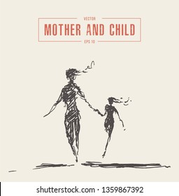 Mother and child running silhouette, hand drawn vector illustration, sketch