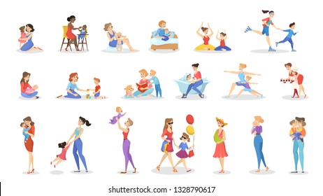 Mother and child set. Collection of family activity. Happy woman and kid spend time together. Kid playing with parent and hugging, helping on kitchen. Isolated vector illustration in cartoon style