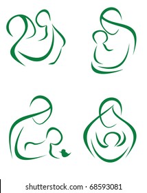 mother and child set of woman and baby icons, symbols in simple lines part 2