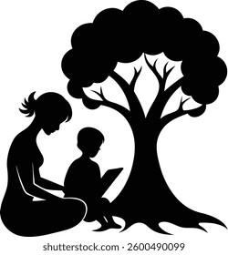 A mother and child sharing a quiet moment reading under a shady tree, a simple black silhouette design against a white background.
