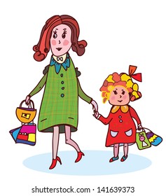 Mother and child shopping funny cartoon