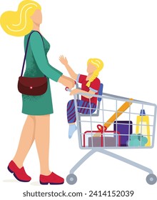 Mother and child shopping together, young boy sitting in shopping cart full of groceries and a gift box, mom holding son s hand. Family grocery shopping day vector illustration.