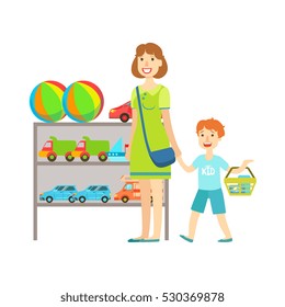 Mother And Child Shopping For Toys, Shopping Mall And Department Store Section Illustration