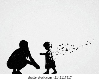 Mother and child silhouette. Dying girl and birds. Death and afterlife