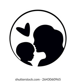 Silhueta de mãe e filho com vetor de símbolo cardíaco. Esta ilustração vetorial simboliza amor, conexão familiar e vínculo materno.