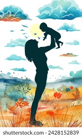 Mother and child silhouette in nature. Happy Mothers Day. hand drawing. Not AI. Vector illustration