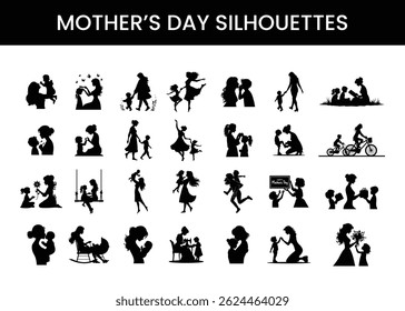 Silhuetas de mãe e filho definidas para o Dia das Mães - Coleção de Ícones Vetoriais de Amor Familiar, Celebrando o Dia das Mães. 
