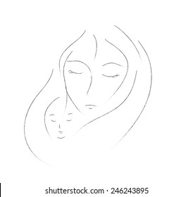 mother and child simple drawing on white background, woman and kid face by simple line,