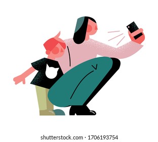 Mother with child sitting and making selfie picture on smartphone vector illustration