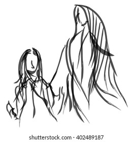 Mother and child sketch icon on white background