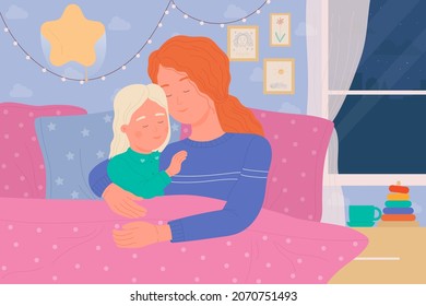 Mother and child sleep in bed of home bedroom vector illustration. Cartoon woman parent character embracing baby girl at night, lying with pillow and blanket. Parenthood and happy family time concept