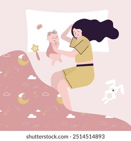 Mãe e criança dormem no travesseiro debaixo do cobertor. Família, maternidade, cuidados infantis e sono saudável. Mamãe e bebê dormindo na cama juntos. Ternura materna e amor. Vista superior. ilustração de vetor