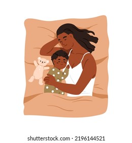 Mother And Child Sleeping Together. Mom Hugging Little Kid Under Blanket In Bed. Black Woman Parent, Toddler Son Asleep With Teddy Toy, Top View. Flat Vector Illustration Isolated On White