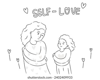 Mother and child smiling and embraced themself, self-Love concept in line drawing vector illustration.