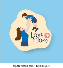 Mother and child are smiling with text “Love mom” on blue background.  Love mother’s day concept. Design for card, banner, poster, brochure.