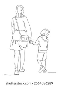 Mother with child son walking away. Looking at each other. Back view. Continuous line drawing. Black and white vector illustration in line art style.