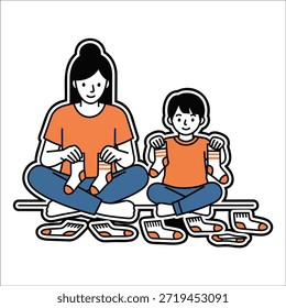 Madre e hijo clasificando y doblando calcetines juntos Ilustración vectorial