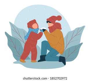 Mother and child spending time outdoors, mom and kid making snowball outdoors in park. Family activities in wintertime, toddler and mommy with snow. Foliage and leafage. Vector in flat style