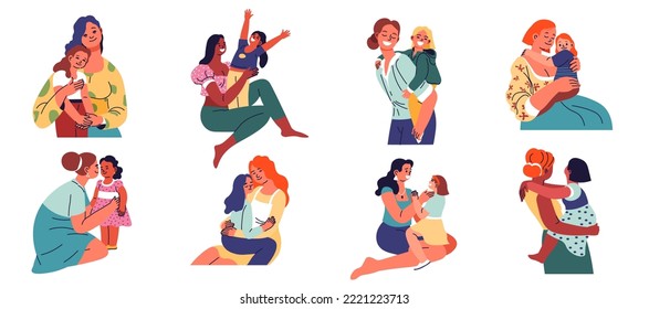 Mother and child spending time together, isolated female character with small child smiling and laughing. Positive moments of family bonding, parenting and care for children. Vector in flat style