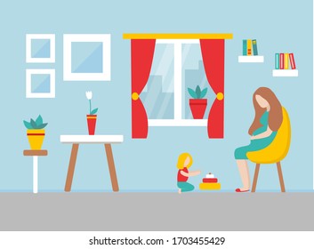 Mother and child is staying home during epidemic.  Girl is playing with toys. Pregnant Mother is sitting in yellow chair. Books, paintings around. Home Quarantine. Flat vector illustration