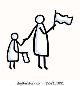 Mother and Child Stick Figure People Waving Flag. Hand Drawn Isolated Human Doodle Icon Motif. Clip Art Element. Black White For Encouragement, Support, Helping Hand Concept. Pictogram Vector EPS 10