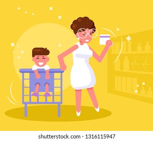 Mother with child in supermarket Vector. Cartoon. Isolated art