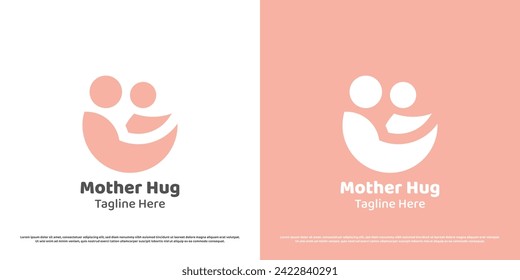 Mother child support logo design illustration. Silhouette of mother loving child baby son embracing cradling hug care. Minimal icon symbol affection compassion happiness warm warmth peace calm hope.