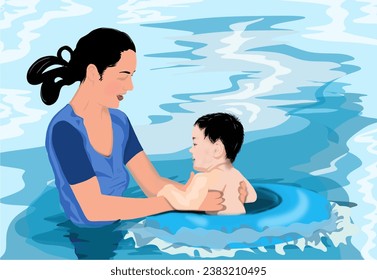 mother and child are swimming in the sea