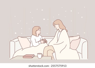 The mother and child are talking under a cozy blanket, while snow gently falls outside the window. Hand drawn style vector design illustrations.