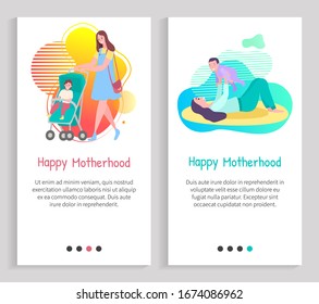 Mother with child together, mom walking with kid in buggy, parent lying on floor and holding baby, family leisure, happy motherhood slide vector. Website or slider app, landing page flat style