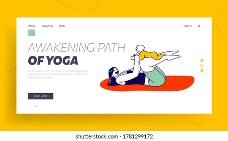 Mother and Child Training Landing Page Template. Female Character Fitness, Yoga or Aerobics Exercise with Baby for Good Feeling and Healthy Life, Sport Activity. Linear People Vector Illustration