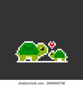 Mother and child turtle pixels. Vector illustration of 8 bit game assets.